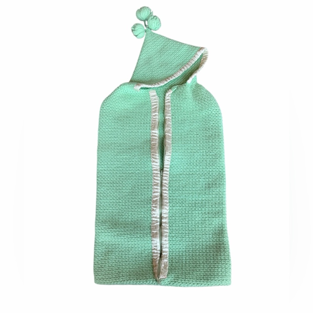 1960s/70s Mint Green Off White Trim Knit Hooded Baby Bunting Bag/Sleep Sack